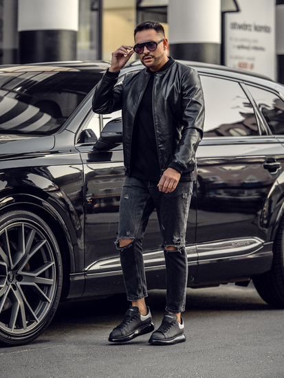 Geacă de piele bomber neagră Bolf 6803A