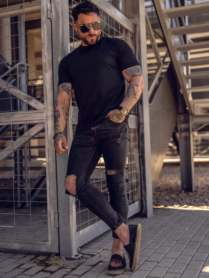 Tricou negru bărbătesc din bumbac fără imprimeu Bolf 192397B