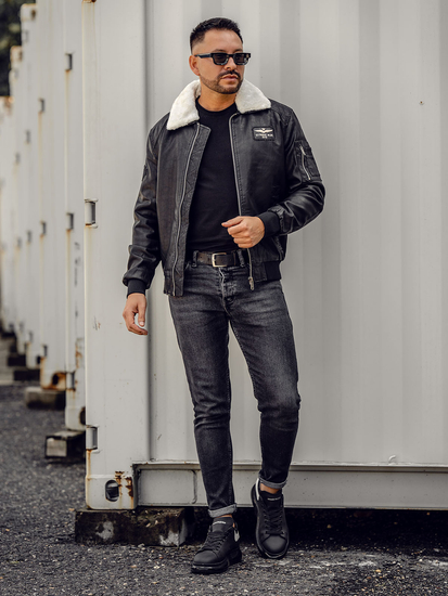 Geacă de pilot din piele neagră pentru bărbați Bolf EX837A