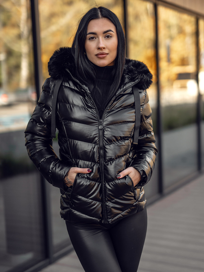 Jachetă de iarnă matlasată neagră pentru femei cu glugă Bolf 5M3138A