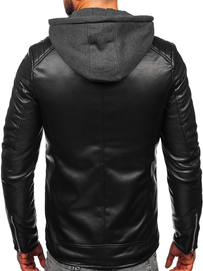 Geacă de piele biker neagră cu glugă Bolf 11Z8012-A
