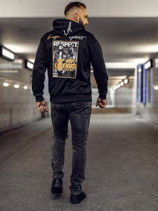 Hanorac negru tip cangur pentru bărbați cu imprimeu Bolf M280