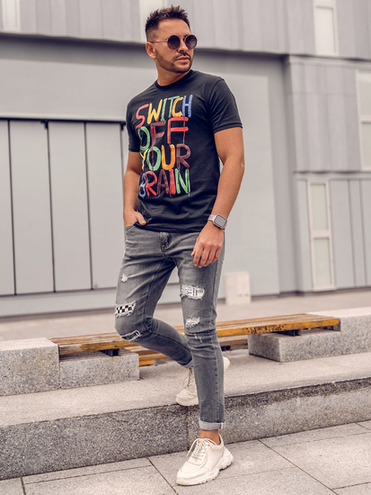 Tricou negru bărbătesc cu imprimeu Bolf 1181A