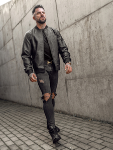 Geacă de piele bomber neagră Bolf 3A63A