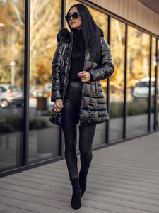 Geacă-palton lung de iarnă cu glugă negru dame Bolf 16M9120A