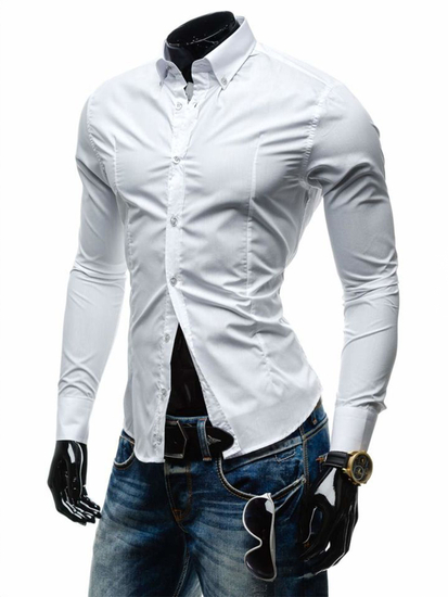 Cămașă elegantă pentru bărbat cu mâneca lungă albă Bolf 1703-1
