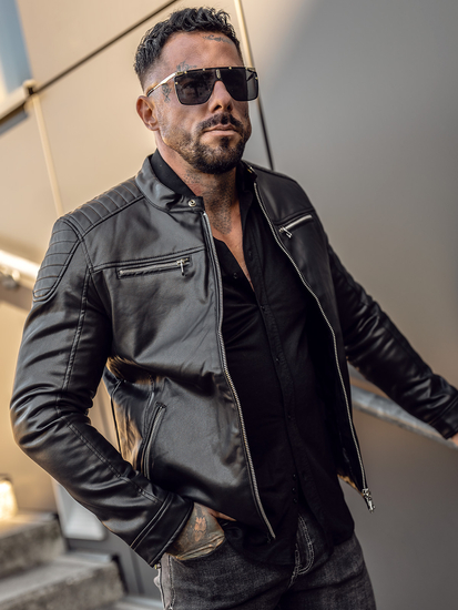 Geacă neagră de piele biker Bolf 11Z8001