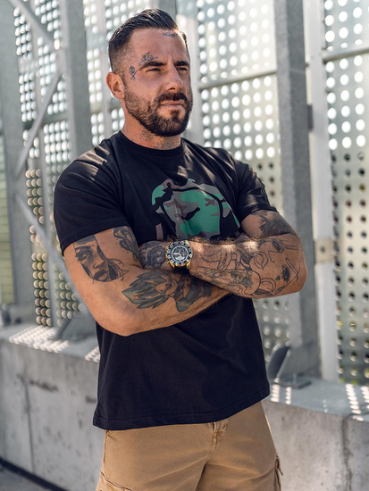 Tricou negru bărbătesc din bumbac cu imprimeu Bolf 192379A