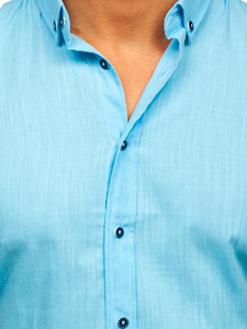 Cămașă turcoaz din bumbac cu mâneca scurtă Bolf 20501