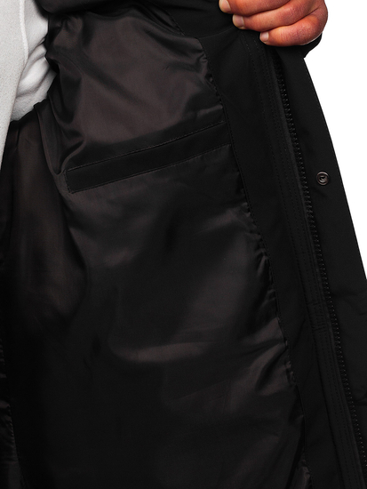 Jachetă neagră de iarnă pentru bărbați, lungă și matlasată Bolf 31M5009