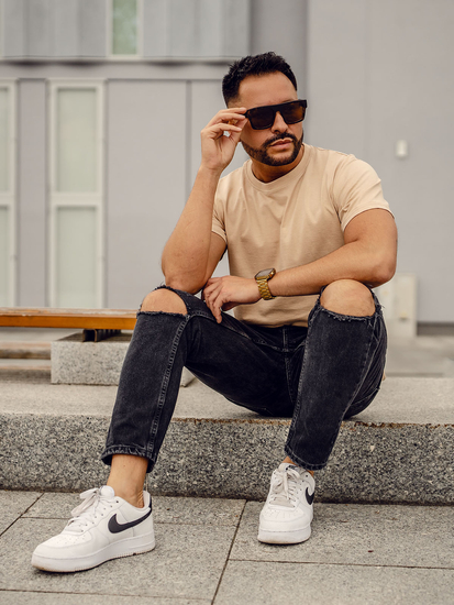 Tricou bărbătesc simplu, bej, din bumbac, Bolf 192397A