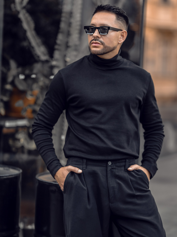 Pulover cu guler înalt din bumbac negru pentru bărbați Bolf 535A