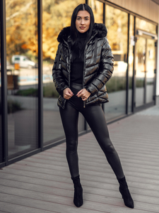 Jachetă de iarnă matlasată neagră pentru femei cu glugă Bolf 5M3138A