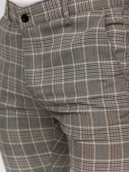 Pantaloni formali pentru bărbați bej cu model în carouri, Bolf 184171