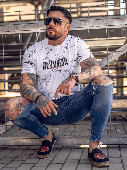 Tricou alb bărbătesc din bumbac cu imprimeu Bolf 14717A