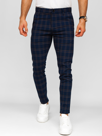 Pantaloni formali cu carouri de culoare bleumarin pentru bărbați Bolf 184189