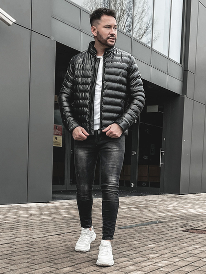 Geacă de piele neagră matlasată Bolf 0021