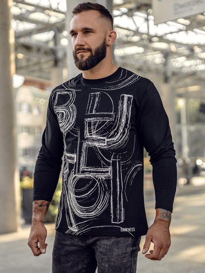 Tricou negru cu mâneci lungi din bumbac imprimat pentru bărbați Bolf 146743A