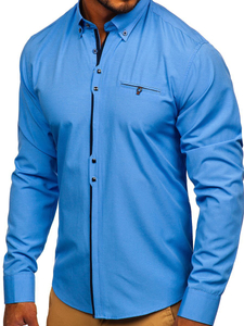 Cămașă elegantă pentru bărbat cu mâneca lungă albastră-deschis Bolf 7720