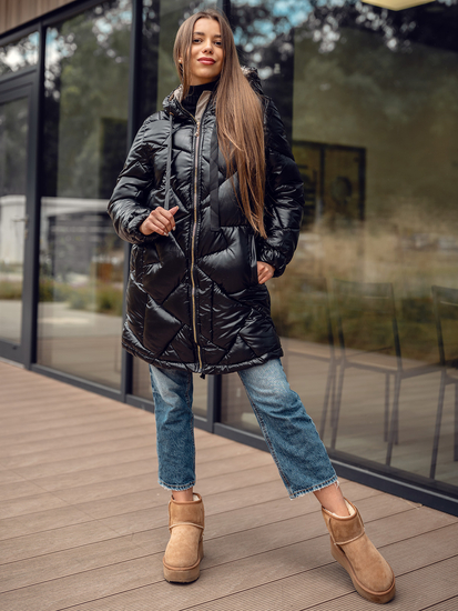 Geacă-palton de iarnă cu glugă neagră Bolf 5M3189