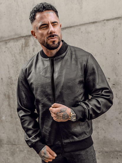 Geacă de piele bomber neagră Bolf 3A63A