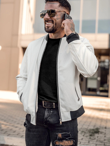Jachetă bomber din piele albă pentru bărbați Bolf 7110A2