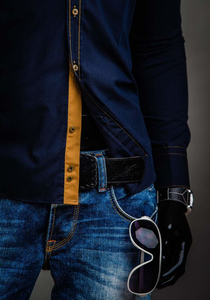 Cămașă elegantă pentru bărbați, cu mânecă lungă, bleumarin Bolf 3703A