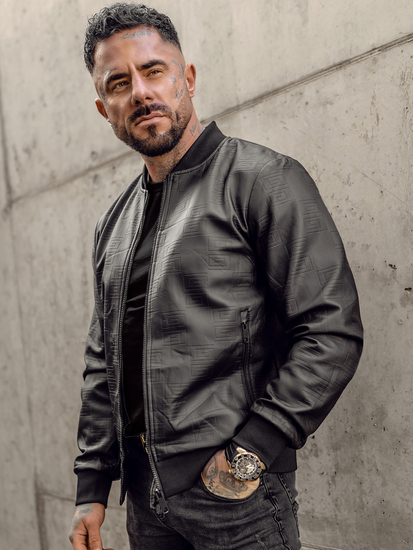 Geacă de piele bomber neagră Bolf 3A65A