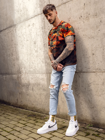 Tricou pentru bărbați verde și portocaliu cu imprimeu de camuflaj Bolf S808A1