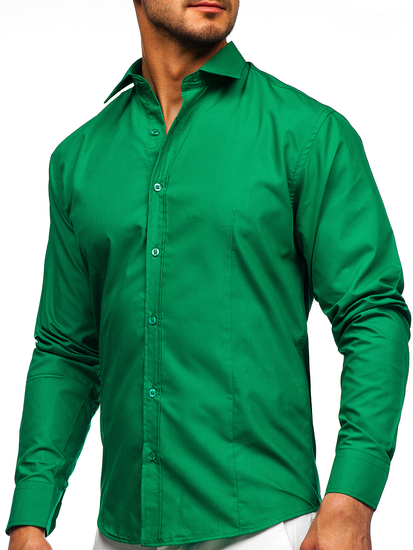 Cămașă elegantă bărbătească verde închis cu mâneci lungi Bolf 1703