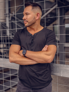 Tricou negru simplu din bumbac cu decolteu în V pentru bărbați Bolf 4049A