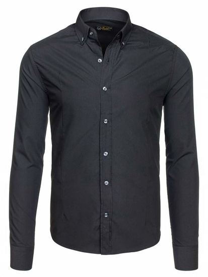 Cămașă elegantă pentru bărbat cu mâneca lungă neagră Bolf 1703-1