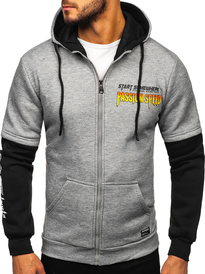 Hannorc cu glugă gri bărbătească, cu buzunar tip cangur și imprimeu Bolf HY611