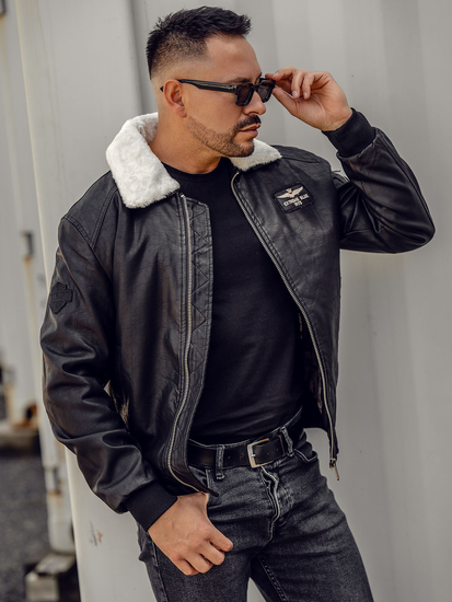 Geacă de pilot din piele neagră pentru bărbați Bolf EX837A