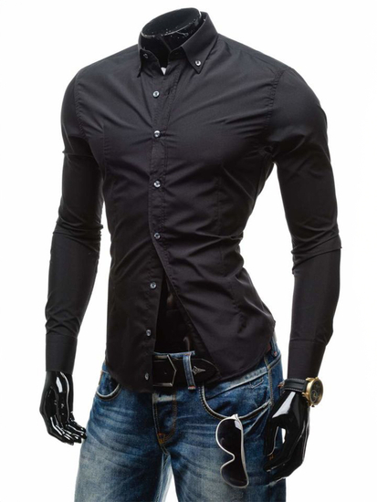 Cămașă elegantă pentru bărbat cu mâneca lungă neagră Bolf 1703-1