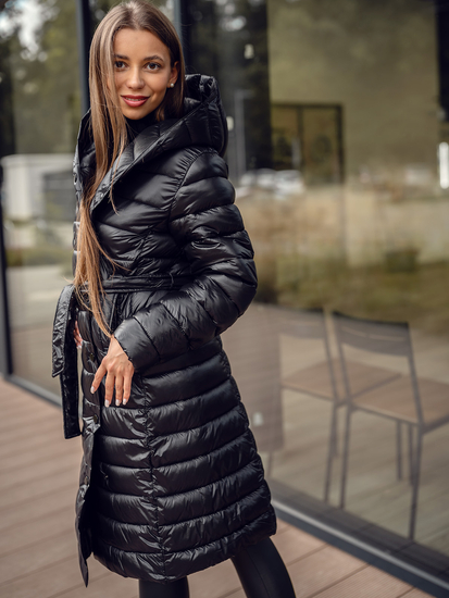 Jachetă de iarnă de damă cu glugă neagră, matlasată, lungă Bolf 5M3159