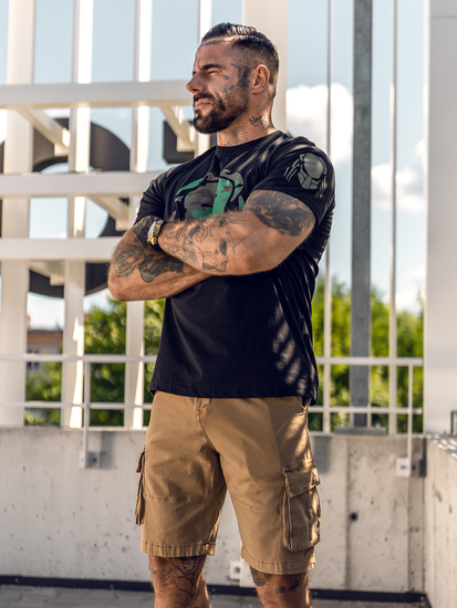 Tricou negru bărbătesc din bumbac cu imprimeu Bolf 192379A