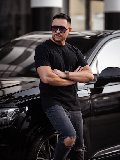 Tricou negru bărbătesc din bumbac fără imprimeu Bolf 14291