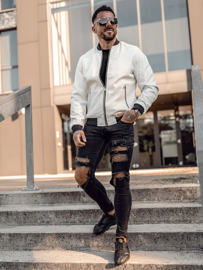 Jachetă bomber din piele albă pentru bărbați Bolf 7110A2