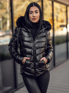 Jachetă de iarnă matlasată neagră pentru femei cu glugă Bolf 5M3138A