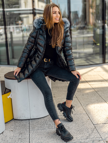 Geacă de iarnă neagră lungă cu glugă matlasată dame Bolf 7076