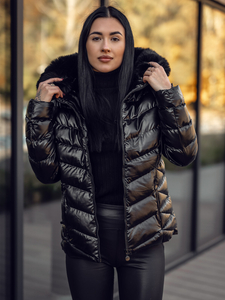 Jachetă de iarnă matlasată neagră pentru femei cu glugă Bolf 5M3138A