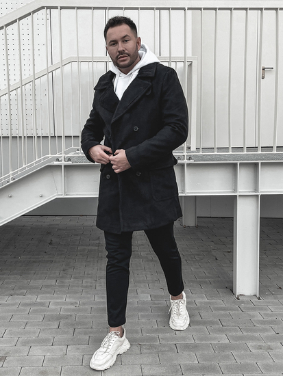 Palton de iarnă negru guler înalt două rânduri de nasturi Bolf 1048A