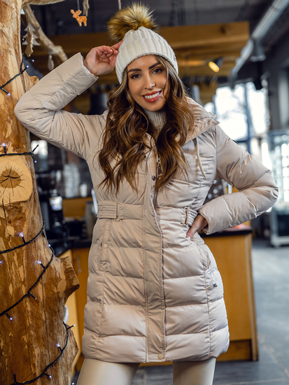 Jachetă de iarnă lungă matlasată bej pentru femei cu glugă Bolf 7086A