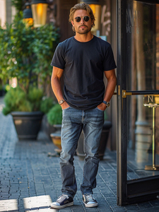 Tricou negru bărbătesc din bumbac fără imprimeu Bolf 192397A2