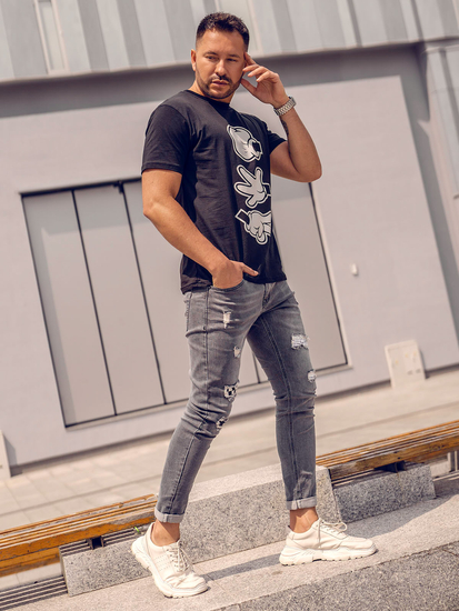 Tricou negru bărbătesc din bumbac cu imprimeu Bolf KS1997A