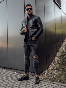 Geacă neagră de piele biker Bolf 11Z8002