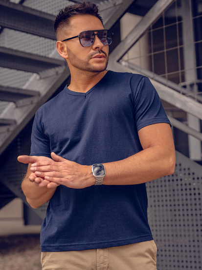 Tricou bărbătesc bleumarin, simplu, cu decolteu în V, Bolf 192131
