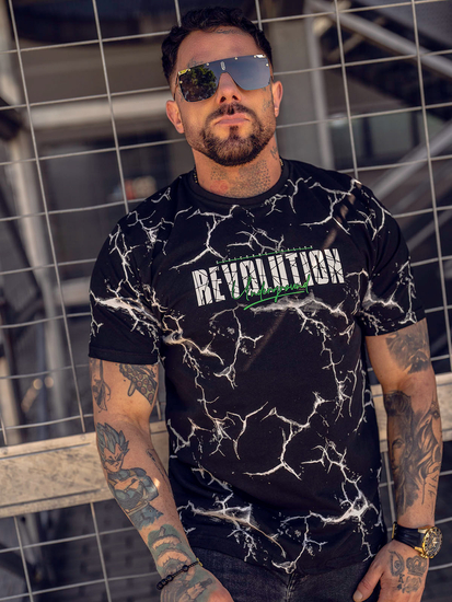 Tricou negru bărbătesc din bumbac cu imprimeu Bolf 14717A