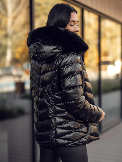 Jachetă de iarnă matlasată neagră pentru femei cu glugă Bolf 5M3138A